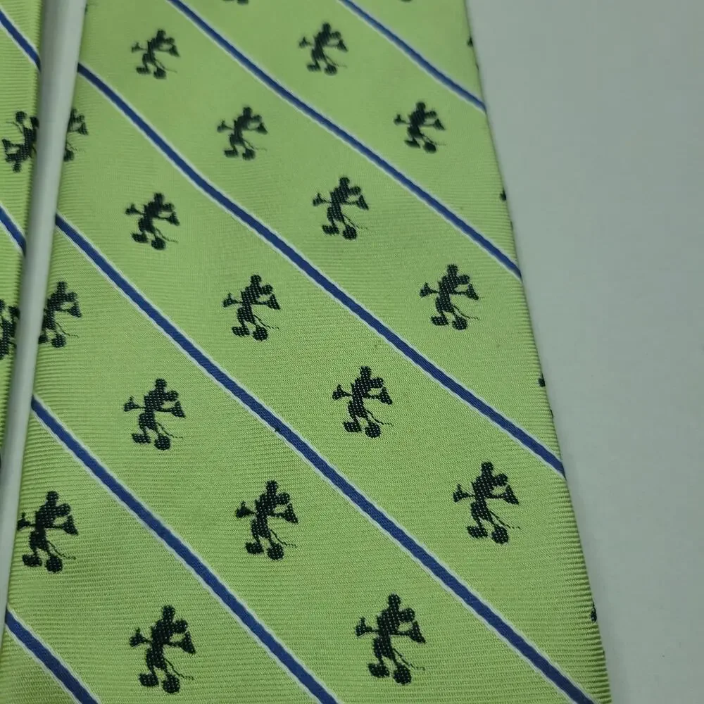 VTG Classic Mickey Mouse Disney Park Green Blue Striped 100% Silk Necktie Tie 4